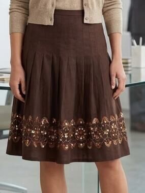 ANN TAYLOR LOFT Petite Brown Pleated Skirt With Sequin Hem, 4P